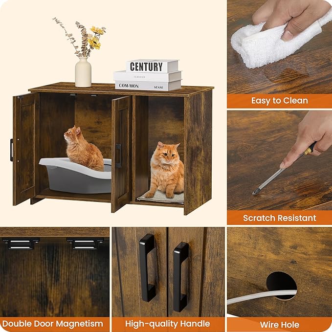 DWANTON Litter Box Enclosure, Cat Litter Box Furniture Hidden, with Scratching Mat, Wooden Cat Washroom Indoor, 31.5" L x 19.7" W x 21.7" H, Rustic Brown