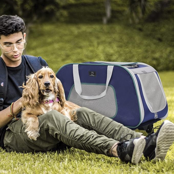 A 4 Pet Dog Carrier with Wheels,Foldable Rolling Pet Carrier Up to 33 LBS with Removable Base, Extendable Handle & 4-Wheels Design, Mesh Ventilation Windows and Safety Rope,Navy Blue