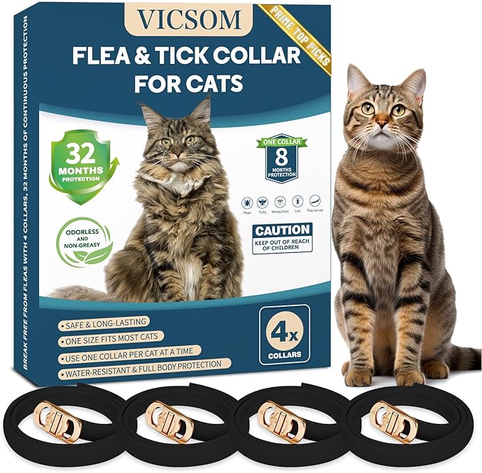 VICSOM 4 Pack Flea and Tick Collar for Cats, 32 Months Treatment, Waterproof Adjustable Kitten Flea Collar, Flea Prevention, Black