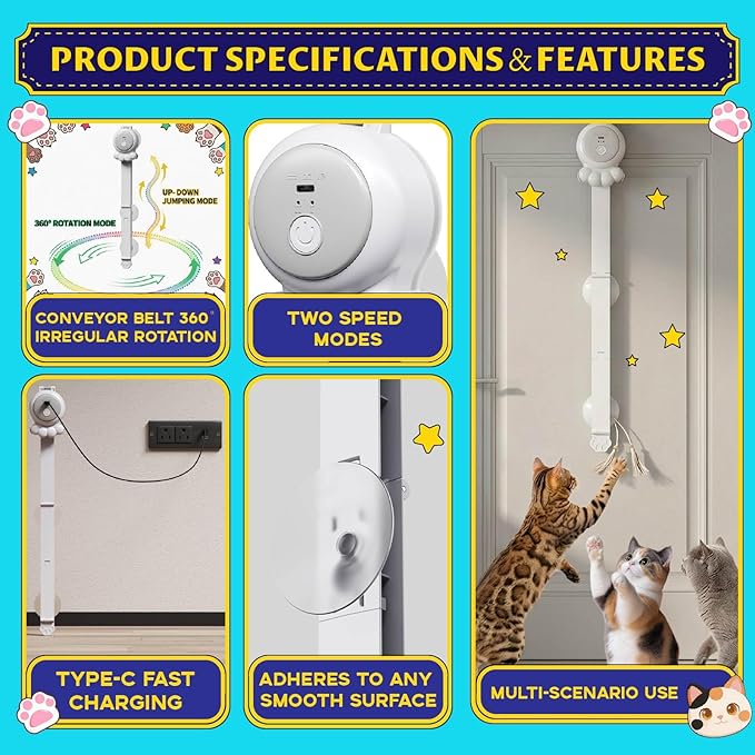 2-in-1 Electric Cat Wand – Rechargeable Auto Indoor Toy, Suction & Hanging Design, 2 Modes (Track Chase + Bounce),Perfect for Kittens & Adult Cats, Ultimate Cat Gift