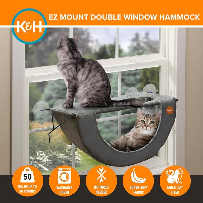 K&H Cat Window Perch EZ Mount Double Window Hammock - Sturdy 2-Level Kitty Sill Seat, Strong Suction Cups, Metal Frame, Cord-Free, Cozy Sunbathing Bed for Multiple Indoor Cats, Holds 50 lbs