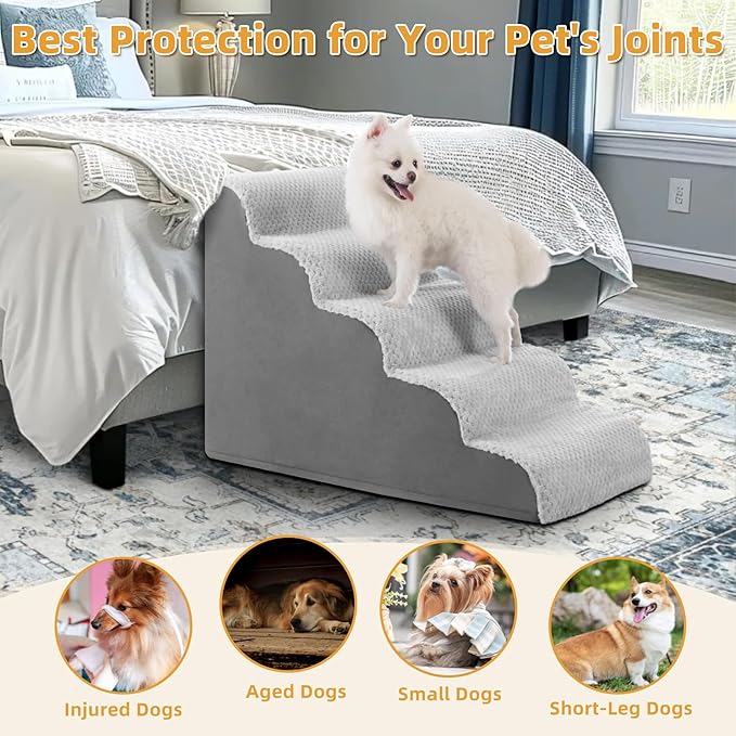 Dog Stairs Ramp, Curved 5-Step Dog Steps for Small Dogs and Cats, Pet Stairs for High Beds and Couch with Anti-Slip Washable Cover and Durable High Density Foam, Grey