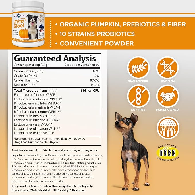 Vital Planet - Firm Stool – Dog Stool Hardener, Eliminates Diarrhea and Gas - Pumpkin, Probiotics and Prebiotics for Healthy Digestion, Fiber for Firmer Stools and Regularity - 111 Grams 30 Servings