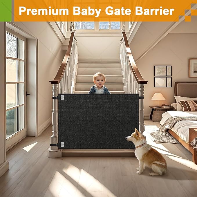 Baby Fabric Gate for Stairs Banisters - Dog and Pet Safety Barrier Gates for Stairway - No Drill Banister to Banister Baby Kids Gates for Stairs (Dark Gray, Wide 55" to 65" Height 34")