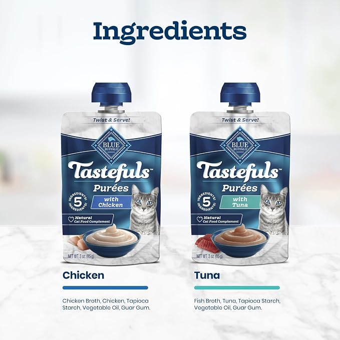 Blue Buffalo Tastefuls Purées Variety Pack Wet Cat Food Complement (Chicken & Tuna) Made with Natural Ingredients, for All Life Stages, 3-oz. Resealable Pouches (12 Count)