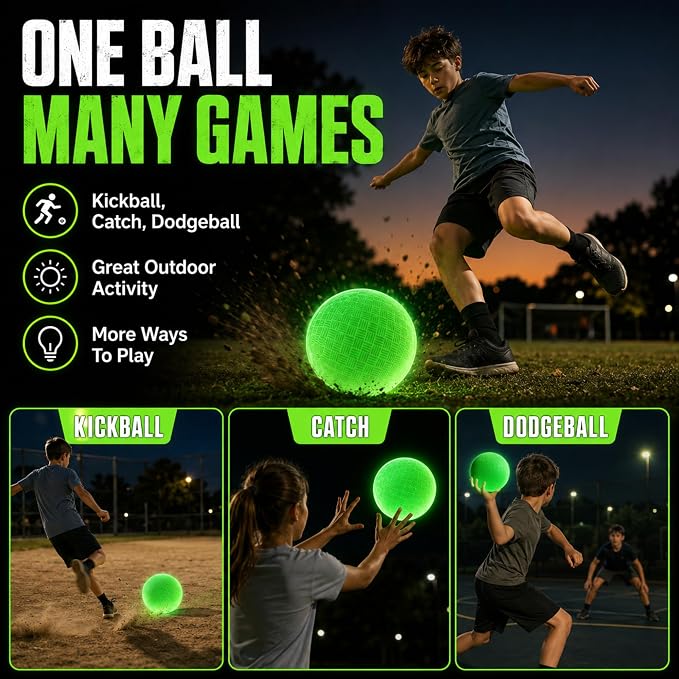 Hiboom Glow in The Dark Kickballs Dodgeballs, 8.5"/ 10"/ 6" Light up 4 Square Ball with Pump, No Battery Needed Playground Balls for Backyard School and Outdoor Night Activities