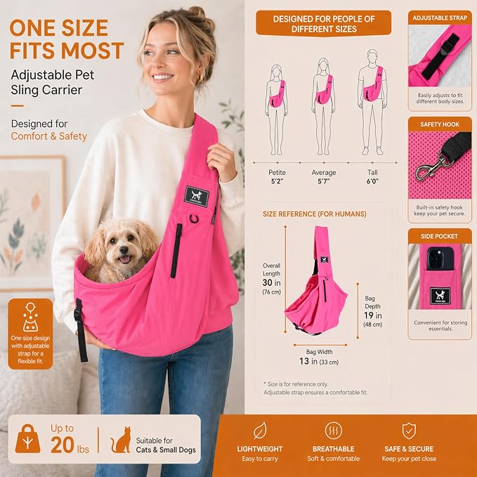 Pet Sling Carrier for Small Dogs and Cats 5-20lbs, Dog Sling with Adjustable Depth, Breathable Air Mesh Puppy Travel Bag, Water Resistant Fabric, Double Safety Leash, Machine Washable,Fuchsia