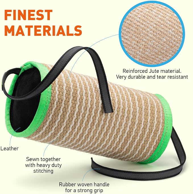 Viper Jute or Synthetic Linen Cylinder Bite Pillow Tug Toy Reward for Adult Dogs and Puppies