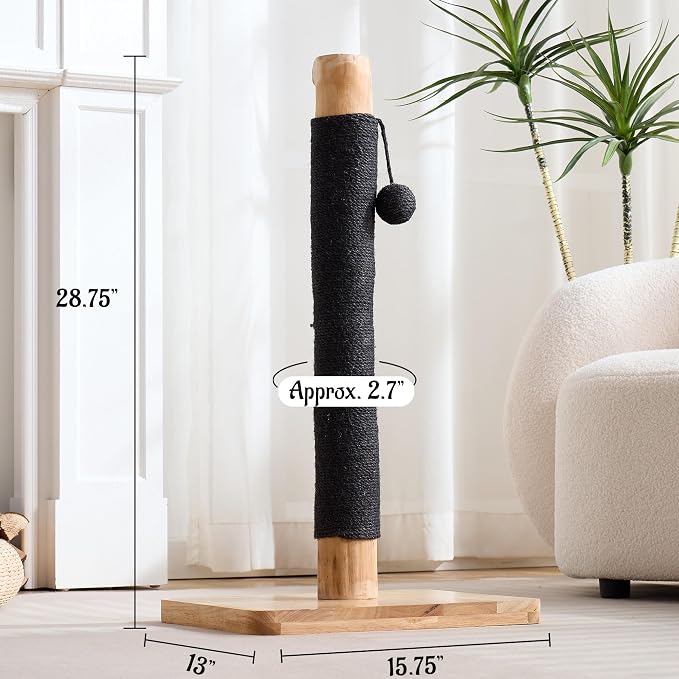 29" Tall Solid Wood Cat Scratching Post for Indoor Cats, Extra Stable Heavy Base, Natural Sisal Scratcher with Hanging Ball, Furniture Protector for Kittens & Adult Cats, Beige