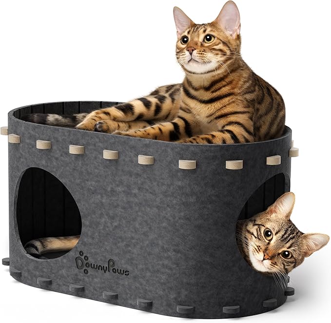 DownyPaws Cat House for Indoor Cats, Cat Bed Cave for Multiple & Large Cats Up to 22 Lbs, Scratch Resistant Peekaboo Cat Caves, Foldable Cat Tunnel Enclosed Bed, PeekaPurr, Cream and Sesame Gray