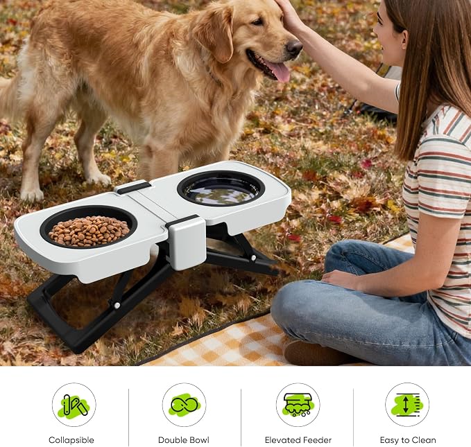 Elevated Dog Bowls Stand, Portable Travel Dog Bowls with Collapsible Silicone Double Diner Bowl, 5 Cups Capacity Food and Water Bowl with No Spill Edge Non-Slip Stand,Ideal for Medium & Large Dogs
