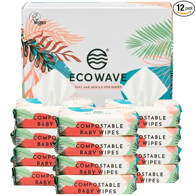 Eco Wave Baby Wipes, 100% Compostable Eco-Friendly Bamboo Wipes, Unscented, Hypoallergenic, Vegan, Alcohol-Free, Suitable For Sensitive Skin (Pack of 12)
