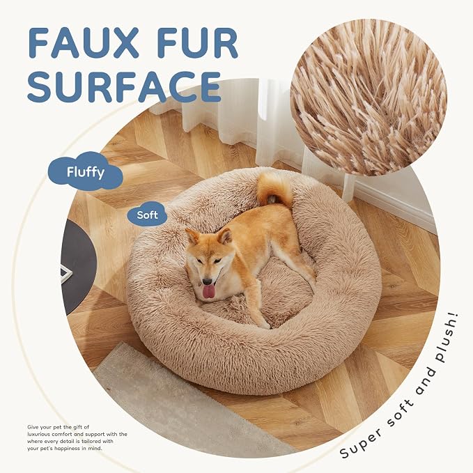 DUMOS Donut Dog Beds for Large Dogs, Machine Washable Cuddler Warming Cozy Fluffy Faux Fur Plush Round Pet Bed, Anti-Slip Bed for Indoor Dogs and Cats, 30.7x30.7 Inch, Brown