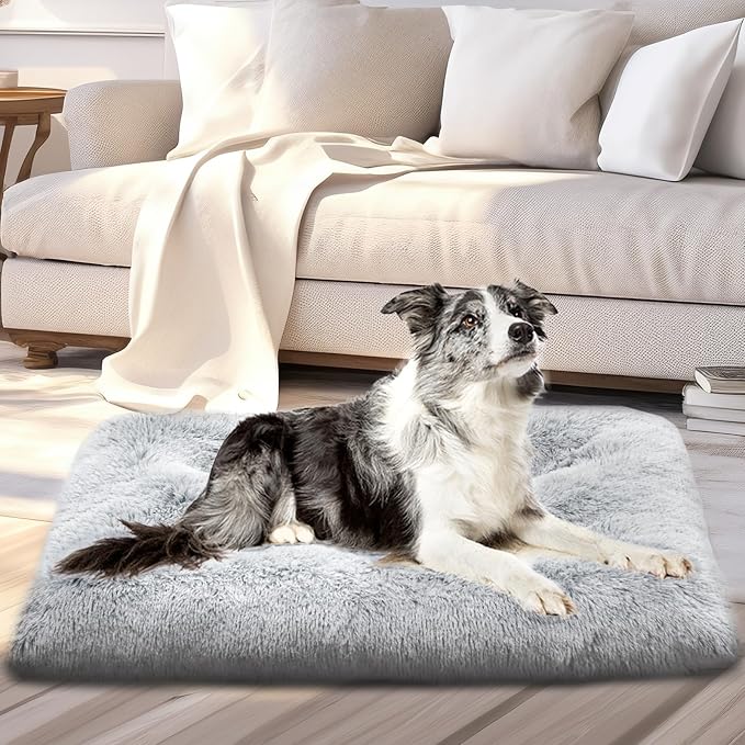 Dog Bed for Extra Large, Jumbo Dogs Breeds,Soft and Comfortable, Washable Plush Anti-Slip Pet Mat - Deluxe Fluffy Kennel Pad, Grey 48 X 29 in