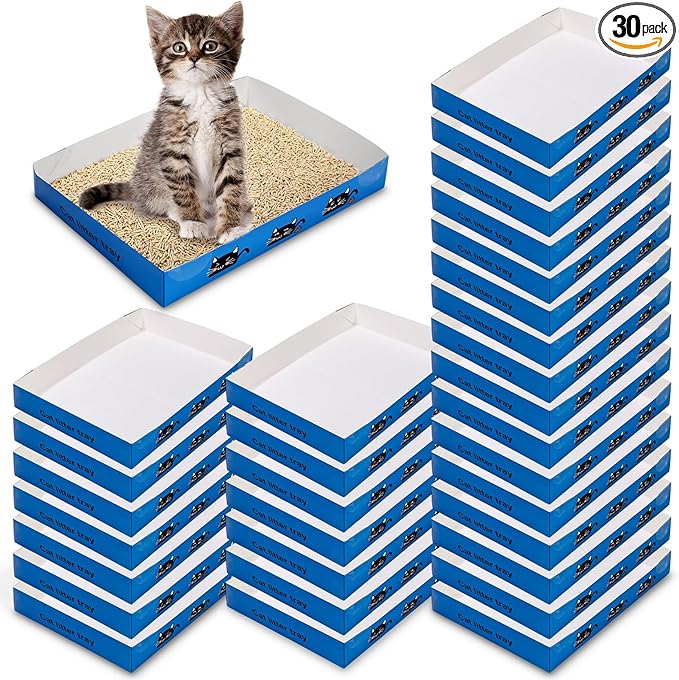 Amyhill 30 Pack Disposable Cat Litter Box 13.8x10x2in Foldable Paper Kitty Trays Bulk Portable Water Proof Cardboard Boxes for Cats Rabbits Guinea Pig Hamster Pets Travel Indoor Supplies(Royal Blue)