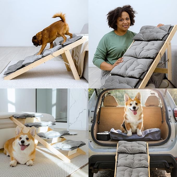 Folding Dog Ramp for Bed and Car - Transforms into Step Dog Stairs for Small, Medium, Large Breeds - Wooden Pet Stairs for Dogs to Get on Bed - Folding Pet Steps for Indoor & Outdoor Use