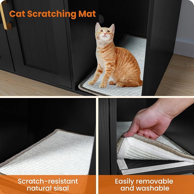 DWANTON Litter Box Enclosure, Cat Litter Box Furniture Hidden, with Scratching Mat, Wooden Cat Washroom Indoor, 31.5" L x 19.7" W x 21.7" H, Black and Rustic Brown