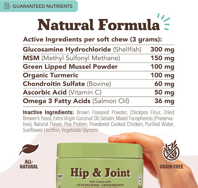 Natural Dog Company Hip & Joint Supplement Chew for Dogs – Supports Mobility, Flexibility & Comfort, Glucosamine, Chondroitin, MSM & Turmeric, Chicken Flavor, 90 Count