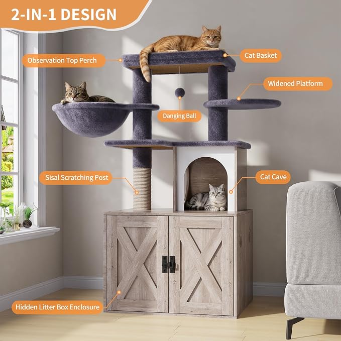 Cat Tree with Litter Box Enclosure, Hidden Litter Box Furniture with Cat Tower, Cat Tree with with Sisal Scratching Post,Hammocks,Condo,Multiple Platform,Soft Plush Perch, Grey