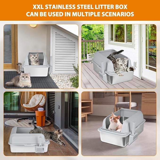 Homegroove Stainless Steel Sifting Litter Box for Pine Pellets, 23.6''x15.7''x14'' XXL Metal Cat Litter Box with Lid for Indoor Cats Pellet Sifter Litter Pan with Plastic Scoop &10 Urine Pads (8 Inch)