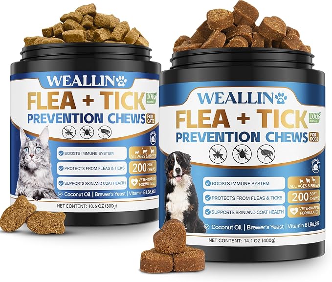 WEALLIN Flea and Tick Prevention Chews for Dog&Cats, Flea and Tick Prevention for Dogs, Flea and Tick Prevention for Cats, 200 Soft Chews, Chicken Flavor, Natural Flea and Tick Treatment