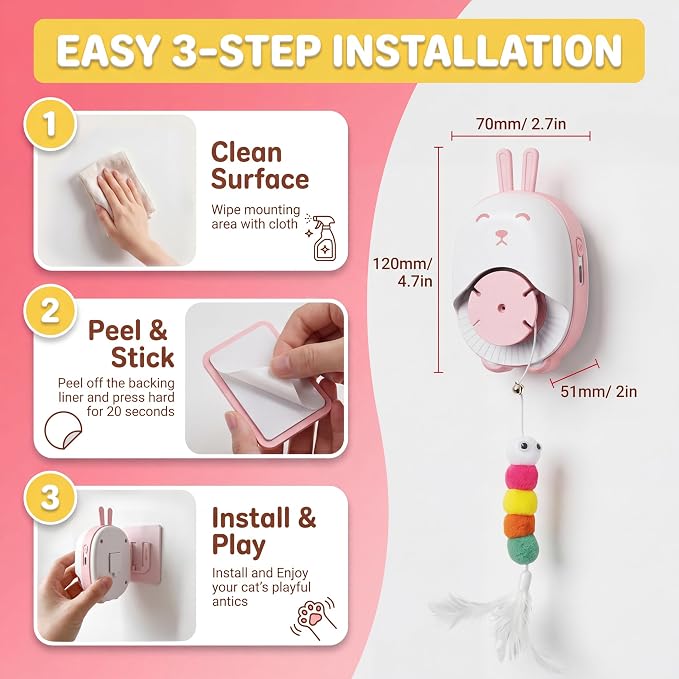 Interactive Cat Toys for Indoor Cats, Automatic Hanging Cat Toys with 6pcs Accessories, 360° Rotating, USB Rechargeable & Auto Pause Electronic Cat Toys for Bored Indoor Adult Cats (Pink)