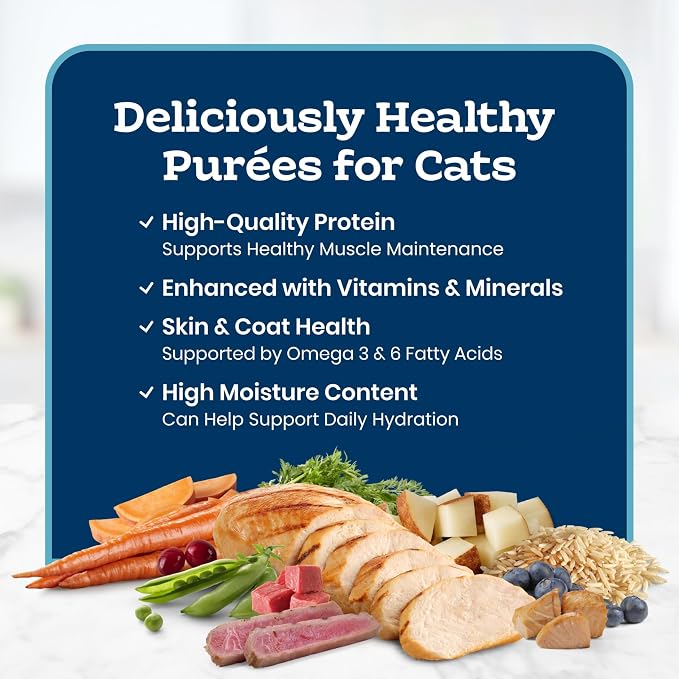 Blue Buffalo Tastefuls Purées Variety Pack Wet Cat Food Complement (Salmon, Chicken, Tuna, Beef) Made with Natural Ingredients, for All Life Stages, 3-oz. Resealable Pouches (12 Count)