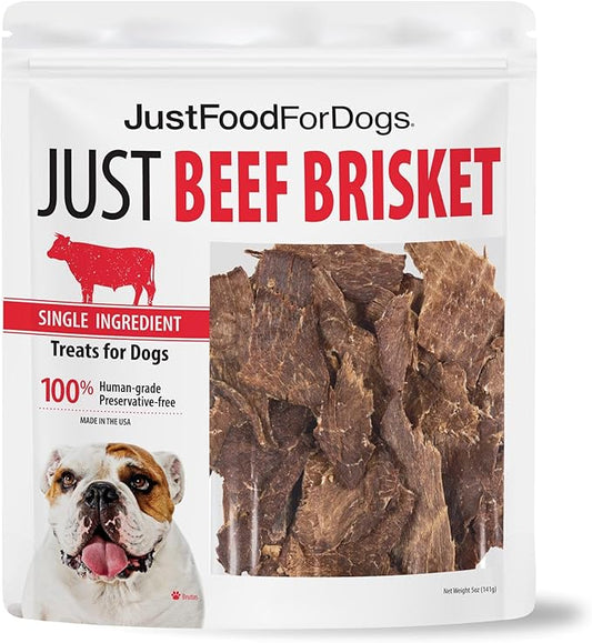 JustFoodForDogs Single Ingredient Healthy Dog Treats and Dog Snacks, Jerky Treats, Human Grade, Preservative and Grain Free, Rawhide Free Chews, Low Calorie Treat - Beef Brisket, 5 oz