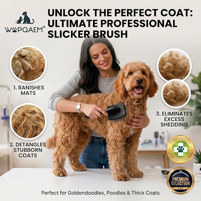 WPQAEM Slicker Brush for Large Dogs, 4PCS Dog Grooming Kit for Thick, Curly & Double Coats (Poodles, Goldendoodle, German Shepherd), Wood Handle - Black