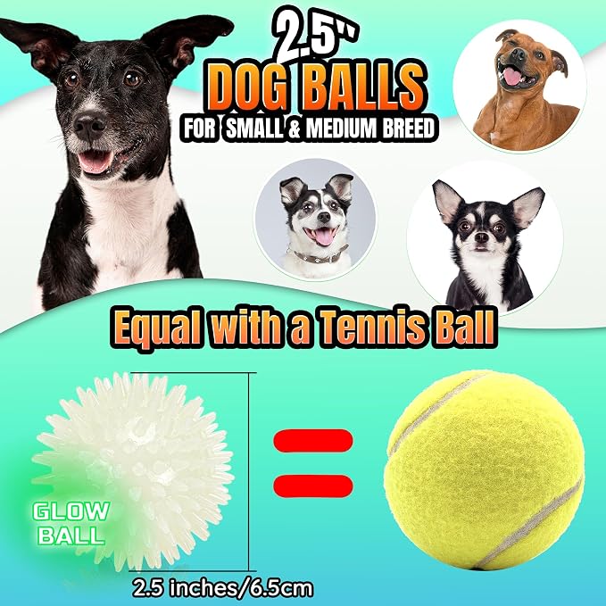 LECHONG 6-Pack Glow in The Dark Squeaky Dog Balls, Spiky Dog Toy Balls, Durable Glowing Rubber Fetching Ball for Small & Medium Dogs Nighttime Playing Indoors & Outdoors