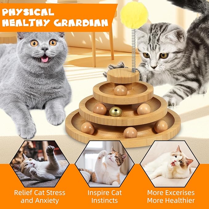 DoogCat Cat Ball Track - 3-Level Cat Ball Tower with 9 Removable Balls for Interactive Play and Mental, Physical Exercise - Large Size