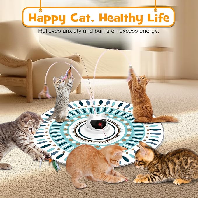 3 in 1 Automatic Interactive Cat Toy for Indoor Cats, USB Rechargeable Adjustable Laser, 360° Rotating Feather Wand, Real Bird Chirp, Motion-Activated Hide Seek Mat, Auto-Off, Quiet Operation