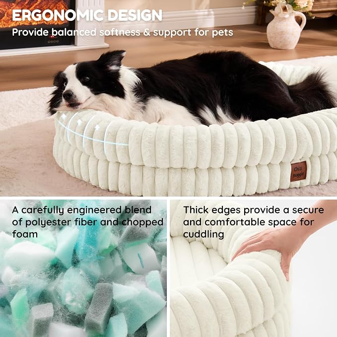 ChiXnuggle Orthopedic Dog Bed for XL Dogs, Waterproof Faux Rabbit Fur Dog Couch with Egg Crate Foam Support and Washable Removable Cover, Bolster Pet Sofa with Non-Slip Bottom, 41x30x7, Cream