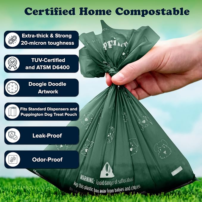 Puppington Certified Home Compostable Poop Bags - ASTM D6400 Compliant - 270 Extra Thick Bags - Plant Based - Pairs with Puppington 3-in-1 Bag & Fits all Standard Poop Bag Dispensers (Basil Green)