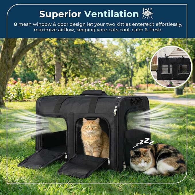 Extra Large 3-in-1 Cat Carrier for 2 Cats, with Removable Divider, Superior Ventilation, Portable Soft Sided Double Cat Carrier Large, Hair Removal Glove, 2*Bowl, Extra Side Storage Bag Included