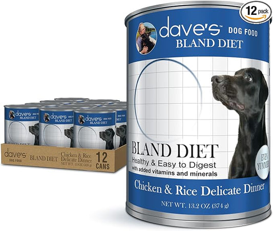 Dave's Pet Food Bland Diet Dog Food (Chicken & Rice), Sensitive Stomach, Easy to Digest Pate, Gluten-Free, Digestive Care, Low Fat (6%) Limited Ingredients, Complete & Balanced, 13.2 oz (Case of 12)