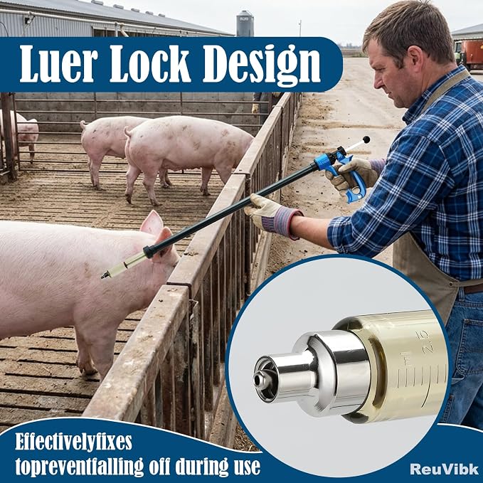 25ML Livestock Iong Shot Pole Syringe, Cattle Syringe Gun | with Luer Lock 5 Gears Adjustable Continuous Repeating Veterinary Vaccine Injector for Cattle, Horses, Sheep & Pigs