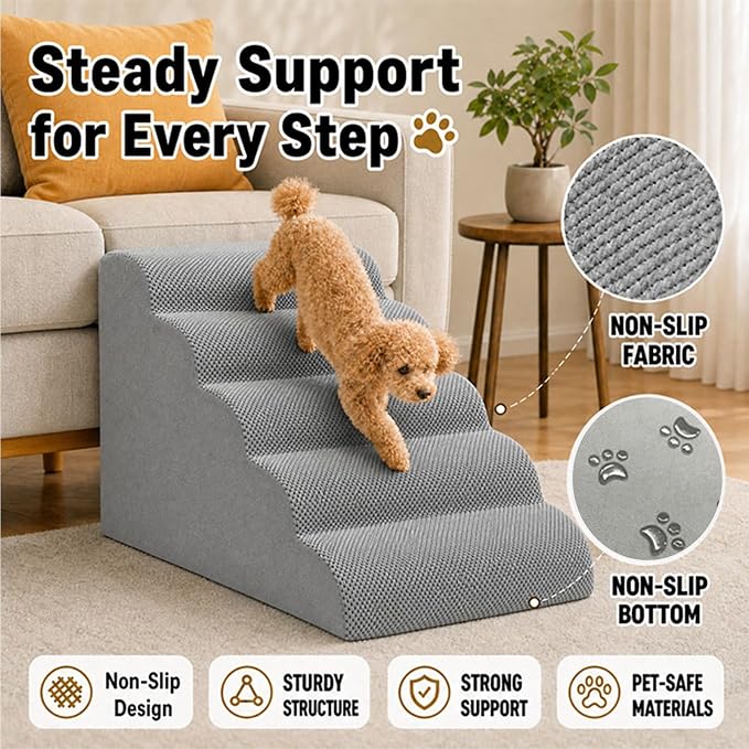 Dog Ramp for Bed,Pet Ramp for High Bed,Dog Stairs for Small & Medium Dogs,Curved Non-Slip Ladder for Older Dogs & Cats,24.4" H,5-Step (Gray)