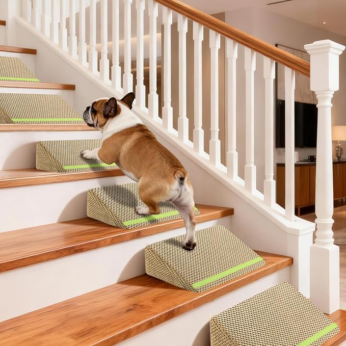 JoyBlooms Upgraded Dog Ramp for Stairs for Small & Senior Dogs Cats, 40D Density Foam Gentle 30° Slope Non-Slip Dog Stair Ramp with Glow Strip, Pet Ramp with Removable Washable Cover, Brown-6pcs