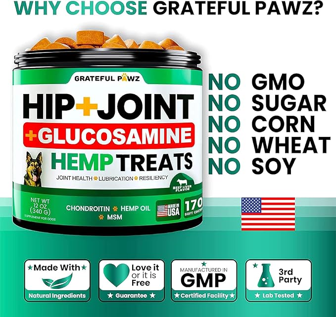 Grateful Pawz Hemp Hip and Joint Supplement for Dogs - Glucosamine for Dogs - 160 Joint Pain Relief Treats - Chondroitin, MSM - Advanced Health Supplement - Beef Liver Flavor - Made in USA