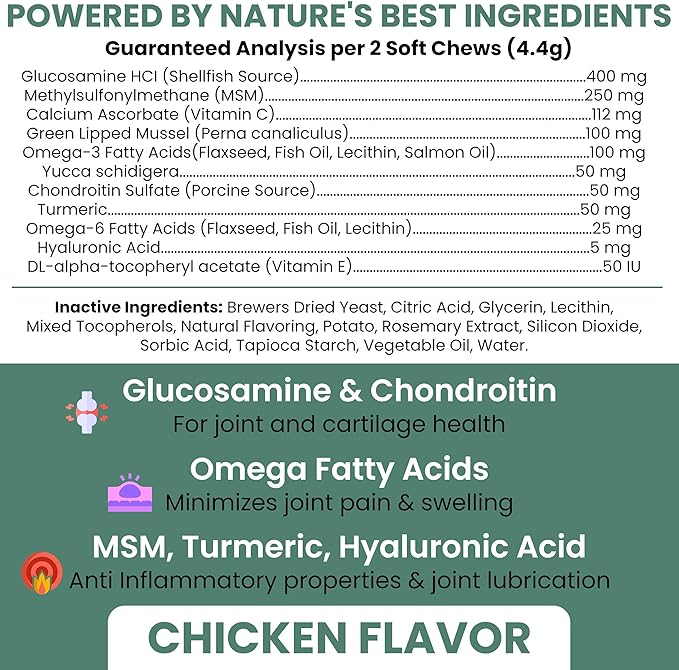 Chew + Heal Labs Glucosamine for Dogs Hip and Joint Supplement - 120 Senior Dogs Mobility Soft Chews - Made with Glucosamine, MSM, Chondroitin, Green Lipped Mussels and More - Made in The USA