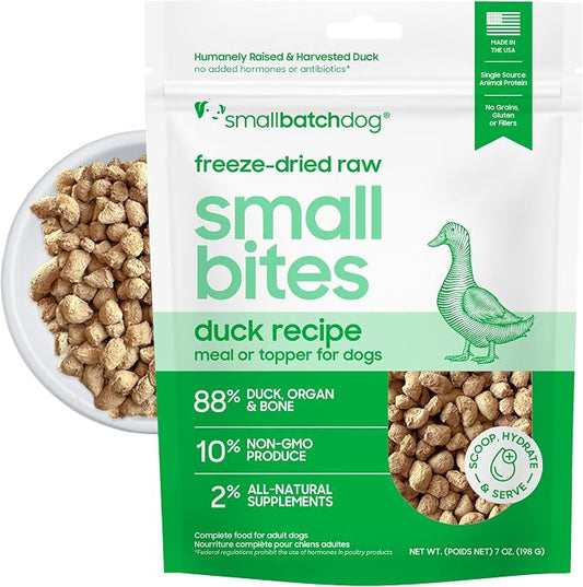 smallbatch Pets Freeze-Dried Raw Dog Food – Duck Recipe – 7oz Small Bites – Grain Free, High Protein, Complete Meal or Topper – Made in USA with Organic Produce & Humanely Raised Duck