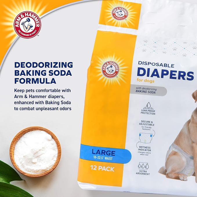 Arm & Hammer for Pets Disposable Female Dog Diapers with Odor Control and Wetness Indicator, Leak Resistant Dog Diapers for Incontinence and Heat Cycles, Size Large 18–23 in Waist, 12 Count - 6 Pack