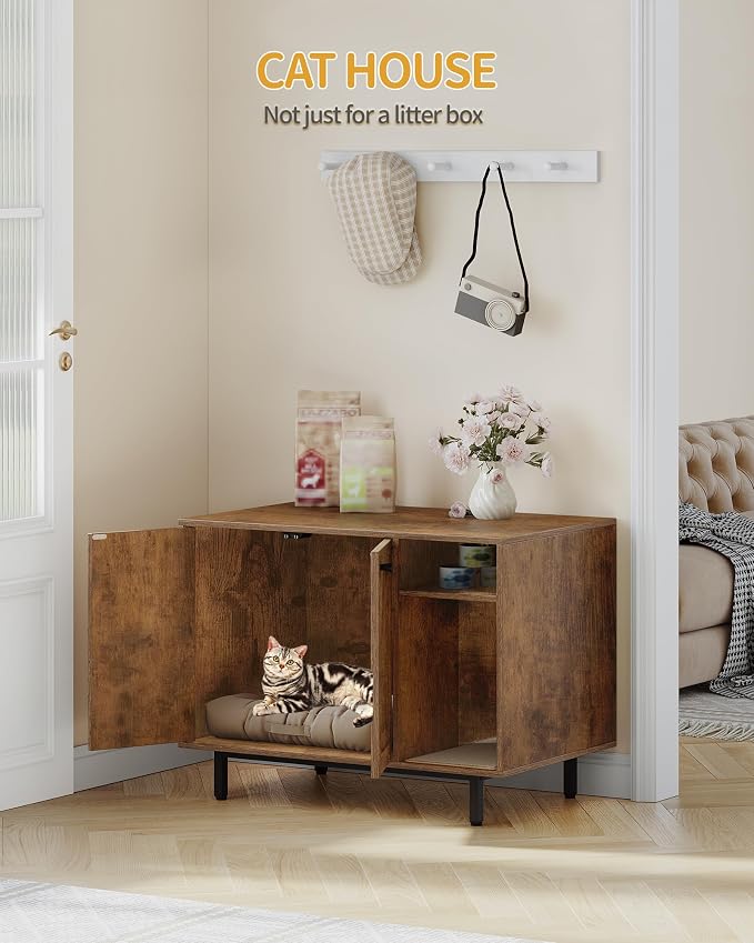 Hzuaneri Cat Litter Box Enclosure Enclosed, Hidden Litter Box Cabinet Furniture with Storage, Wooden Indoor Cat House Large, Modern End Table for Living Room Entryway, Rustic Brown and Black CB01501B
