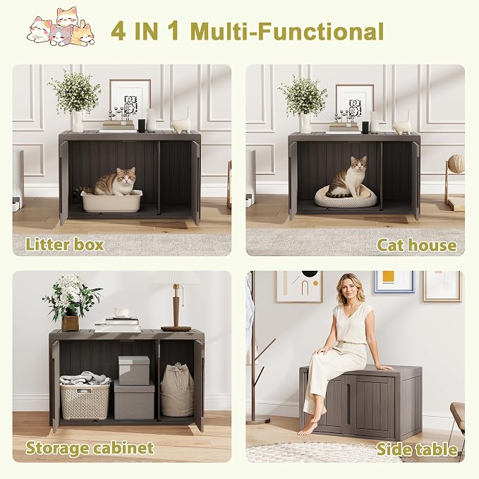 Cat Litter Box Enclosure, Hidden Enclosed Litter Box Furniture with Adjustable Partition, Multi-Functional Outdoor Cat House, Side Table, Easy to Clean, Dark Grey