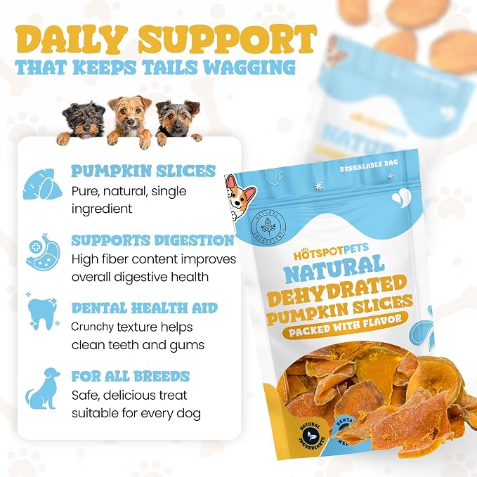 hotspot pets Dehydrated Natural Pumpkin Slices for Dogs - Crunchy Treats - 2lb Value Bag, All-Natural - High Protein, Great for Sensitive Stomachs, Low Fat, a Healthy Rawhide Alternative for All Dogs