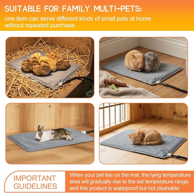Remerry 2 Pcs Chicken Heated Pads 20 x 14 Inch Pet Heating Pad Small Animal Indoor Outdoor Heating Pad Adjustable Temperature Waterproof Heated Mat 30-Level Controller (25-60°c) with 10-Hour Timer