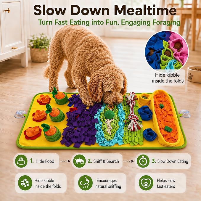 Snuffle Mat for Dogs – Extra Large 32'' x 20'', Washable Slow Feeder Dog Toy, Durable Interactive Dog Puzzle for Mental Stimulation & Nosework Training, with Anti-Slip Suction Cups
