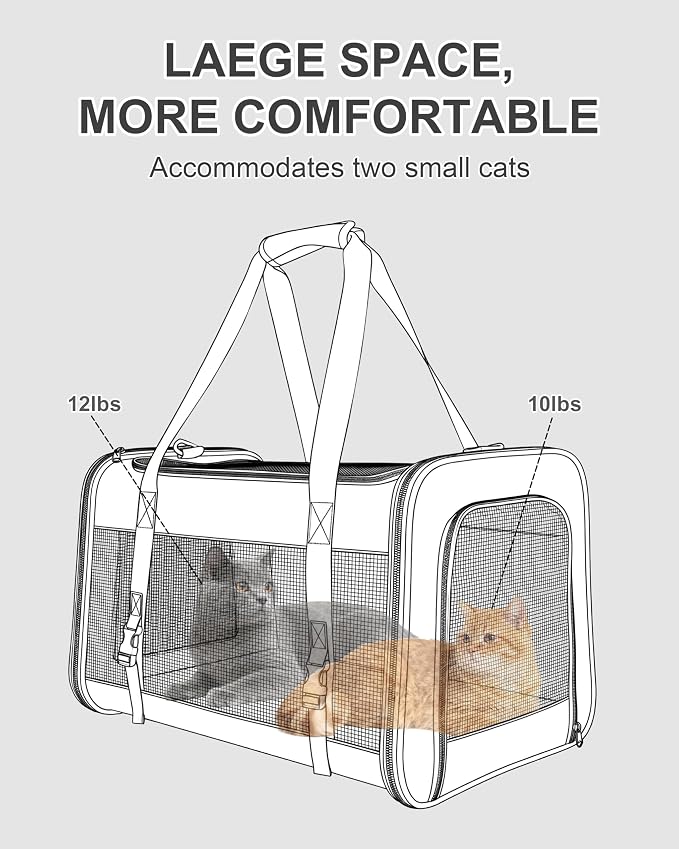 Soft-Sided Large Cat Carrier for 2 Cats, Spacious Foldable Pet Travel Carrier for Large Cats up to 25 Lbs, Double Cat Bag with Shoulder Strap, 20x13x13 Inch, Fits Maine Coon and Small Dogs, Black