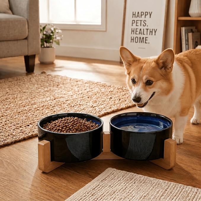 SPUNKYJUNKY Ceramic Dog and Cat Bowl Set with Wooden Stand, Modern Cute Weighted Food Water Set for Small Size Dogs (13.5OZ) & Medium Sized Dogs (28.7OZ) & Cats (3.6 Cups, 2 × Starry Blue)